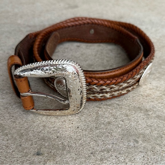 Men’s Authentic Tony Lama Vintage Brown Braided Western Leather Concho Belt 36 - Picture 2 of 16